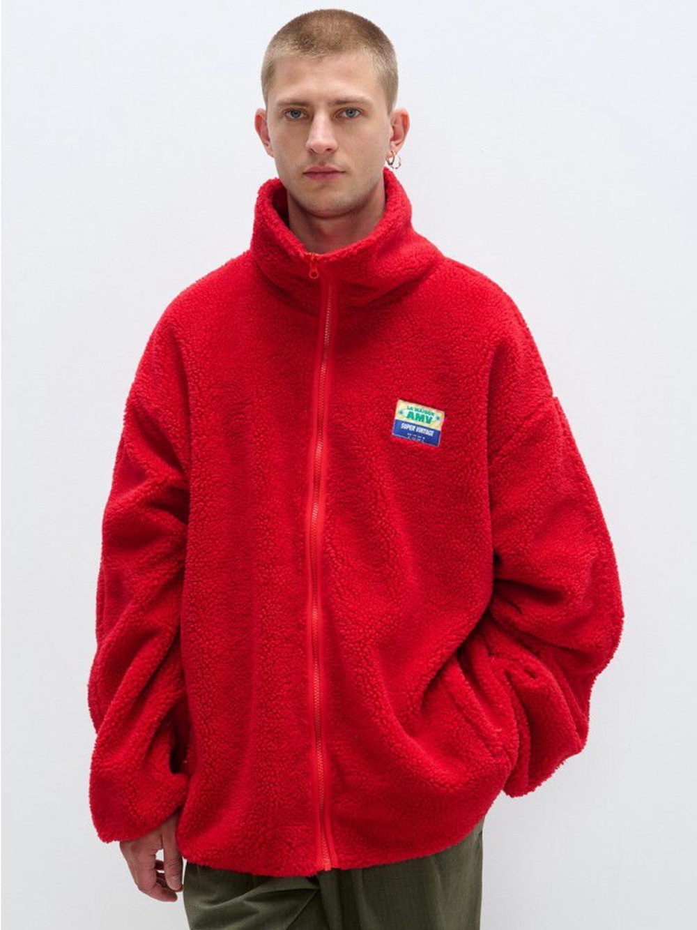 American Vintage Red Sherpa Zip-Up Jacket